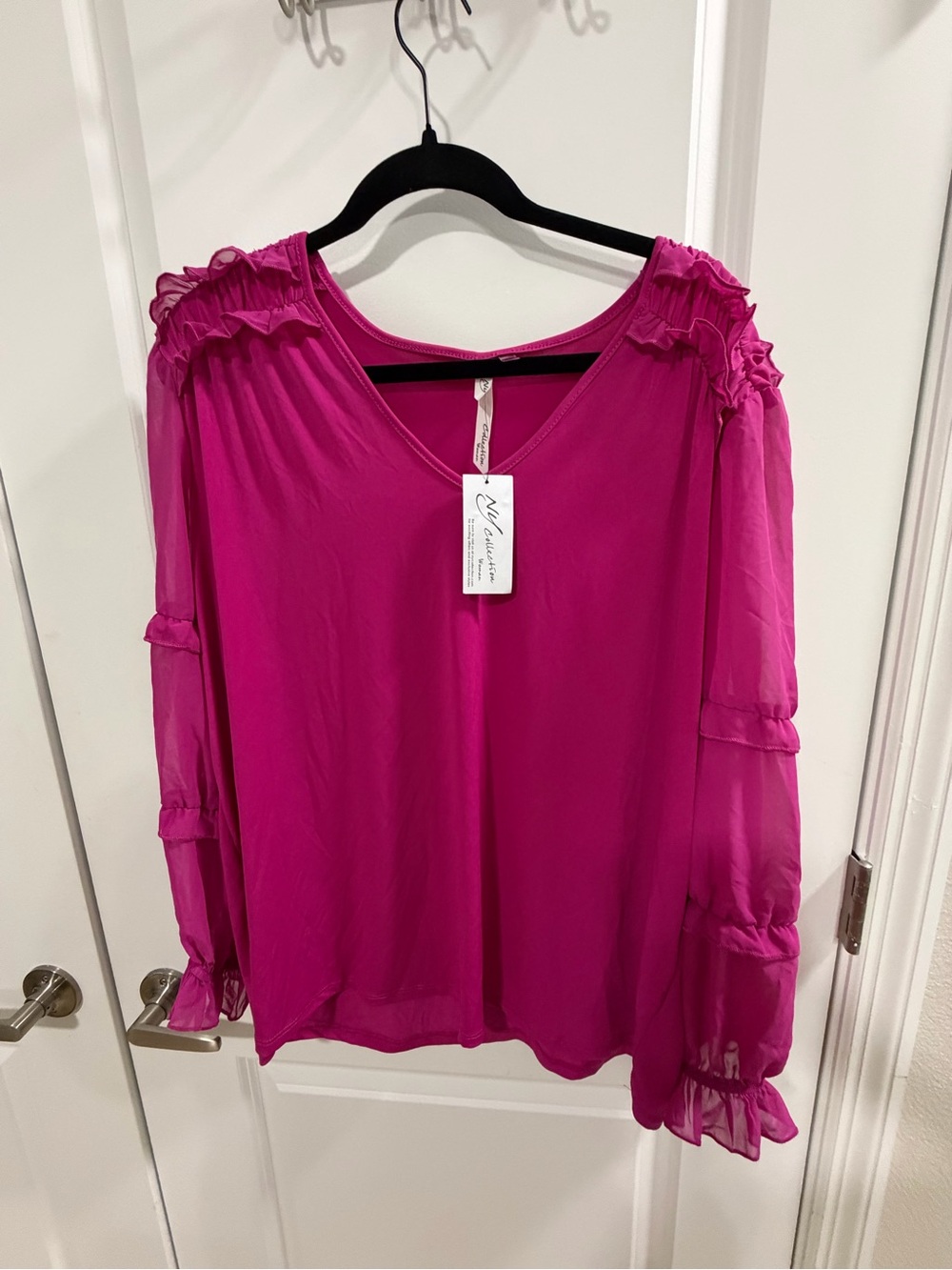 IC COLLECTION Fuchsia Ruffle-Trim V-Neck Blouse